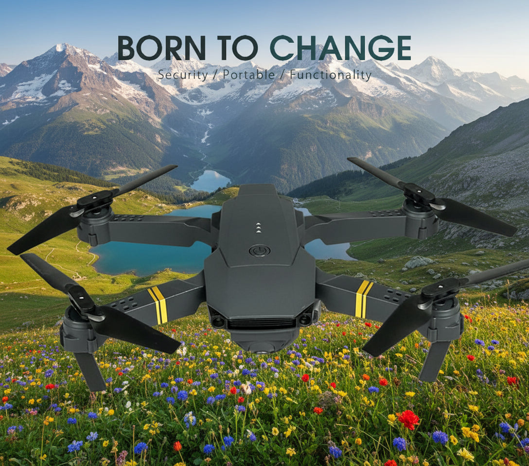 Black drone with yellow accents flying over a scenic landscape with mountains and water.