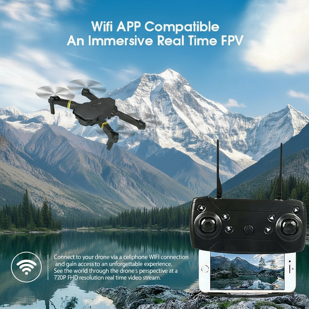 Drone flying over a scenic landscape with a controller and smartphone displaying the view.