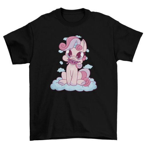 Cute cartoon unicorn with candy on clouds t-shirt