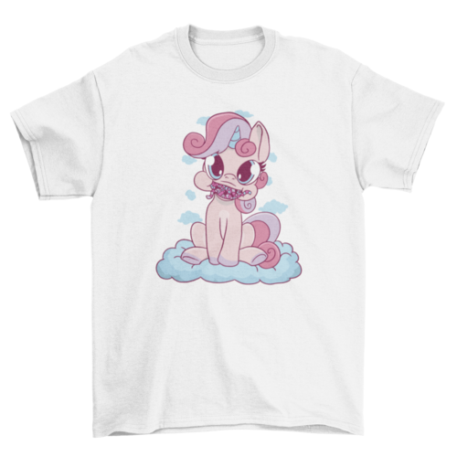 Cute cartoon unicorn with candy on clouds t-shirt