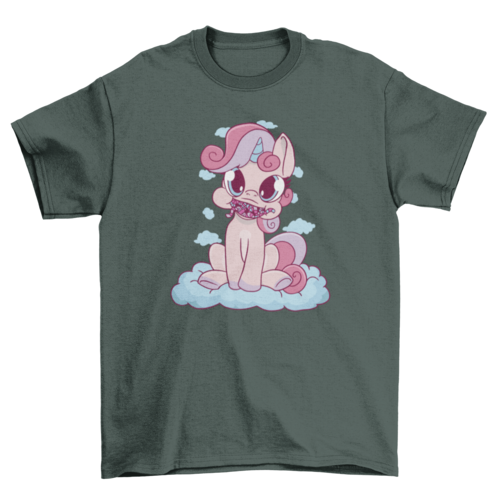 Cute cartoon unicorn with candy on clouds t-shirt