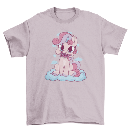 Cute cartoon unicorn with candy on clouds t-shirt