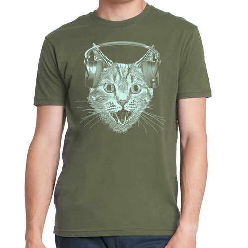 Cat Wearing Headphones Men's Tshirt- Cat DJ Shirt For Men and Boys- Mu