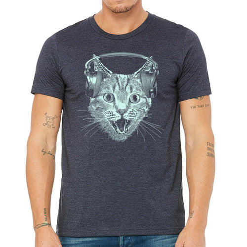 Cat Wearing Headphones Men's Tshirt- Cat DJ Shirt For Men and Boys- Mu