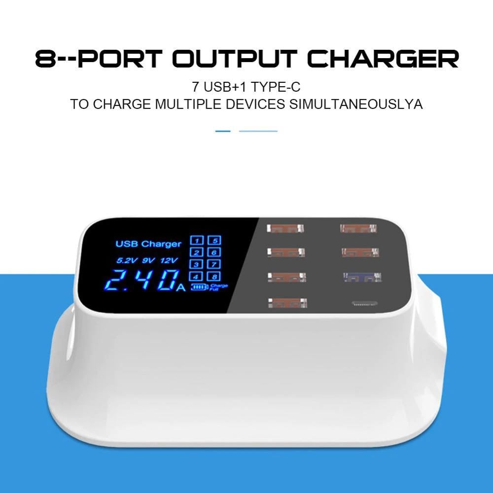 8-Port USB & Type-C Smart Charging Station with LCD Display