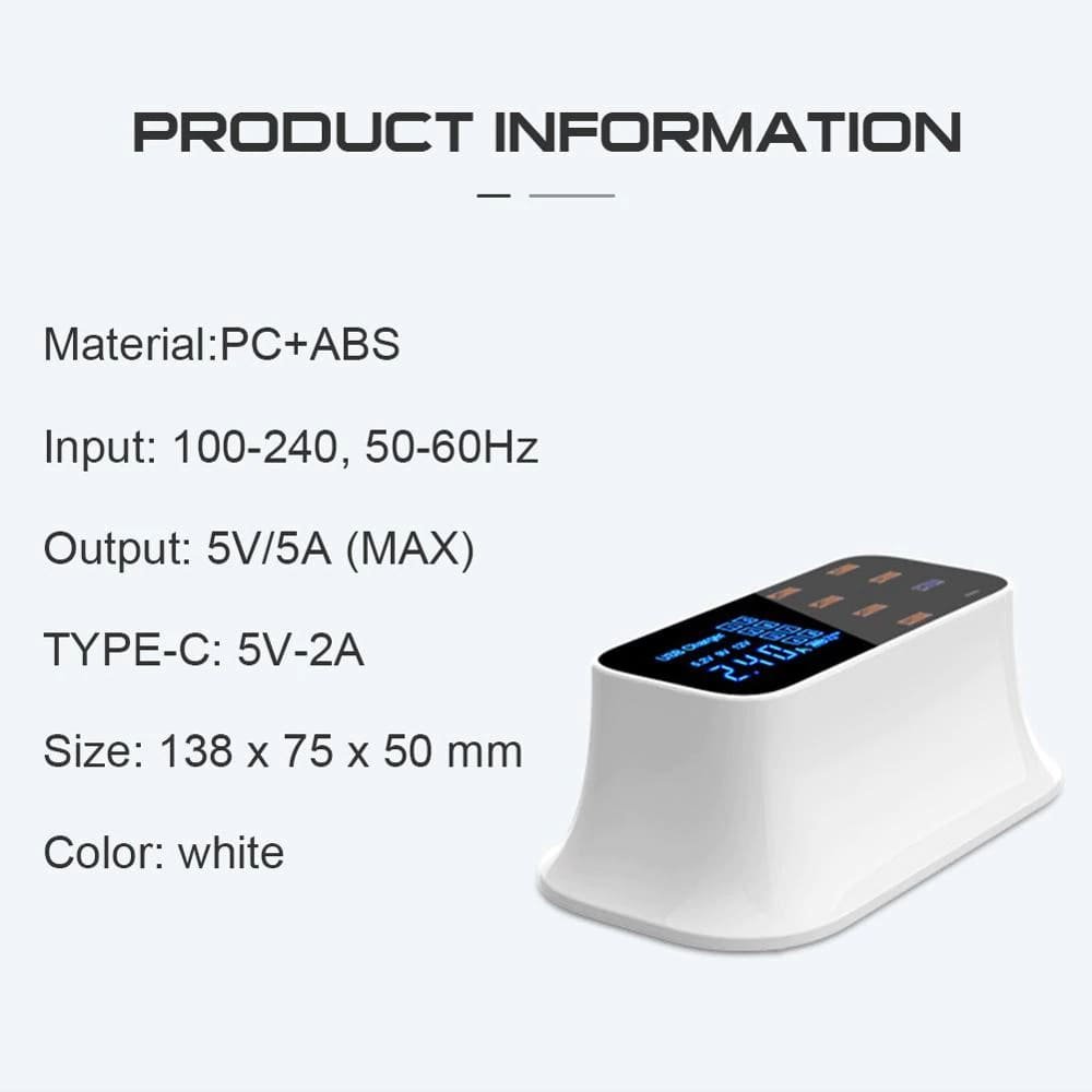 8-Port USB & Type-C Smart Charging Station with LCD Display