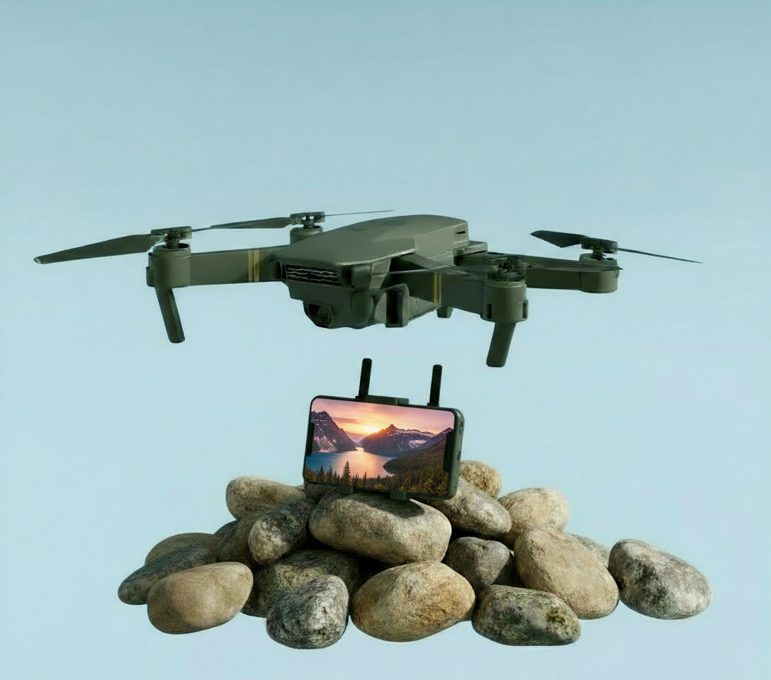 Black drone with folded wings, remote control, and smartphone displaying app interface on a white background