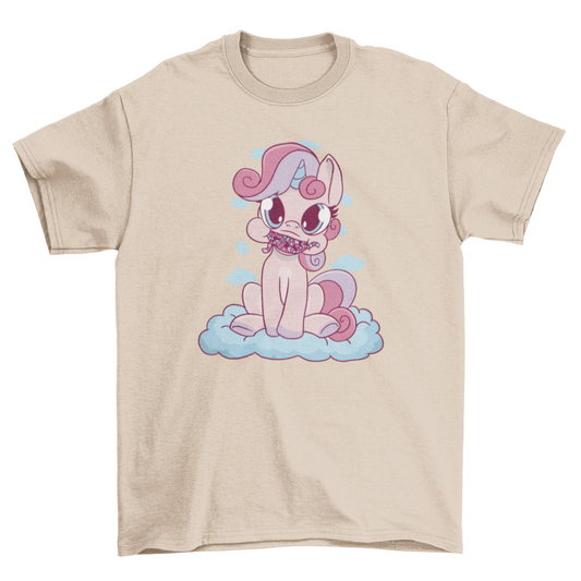 Cute cartoon unicorn with candy on clouds t-shirt